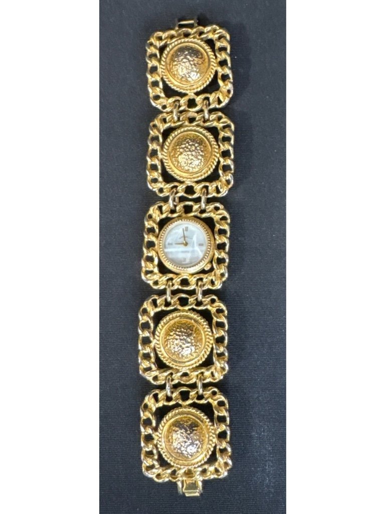 Vintage GoldTone Quartz Bracelet Watch With Textured Links  Roman Numeral Dial